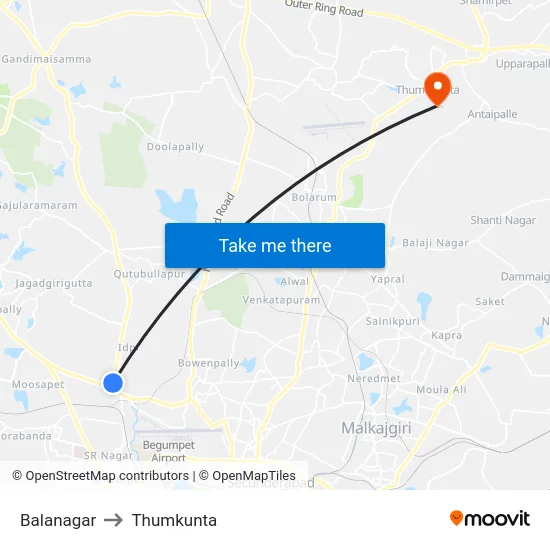 Balanagar to Thumkunta map
