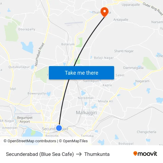 Secunderabad (Blue Sea Cafe) to Thumkunta map