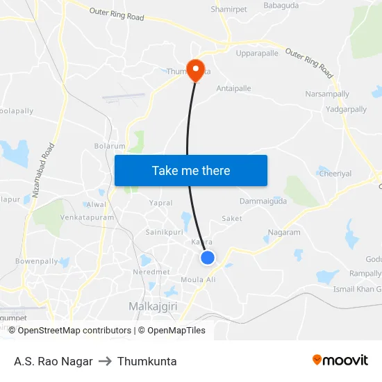 A.S. Rao Nagar to Thumkunta map