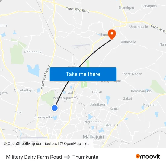 Military Dairy Farm Road to Thumkunta map