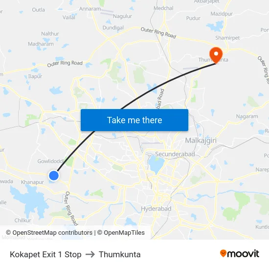 Kokapet Exit 1 Stop to Thumkunta map