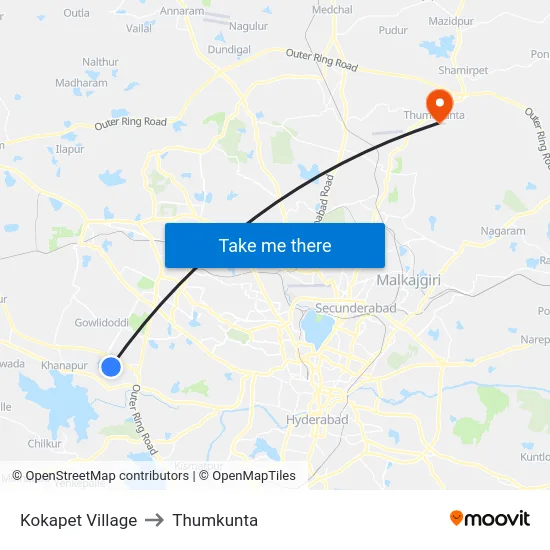 Kokapet Village to Thumkunta map