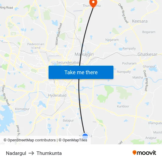 Nadargul to Thumkunta map