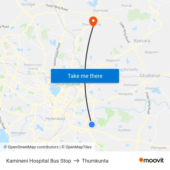 Kamineni Hospital Bus Stop to Thumkunta map