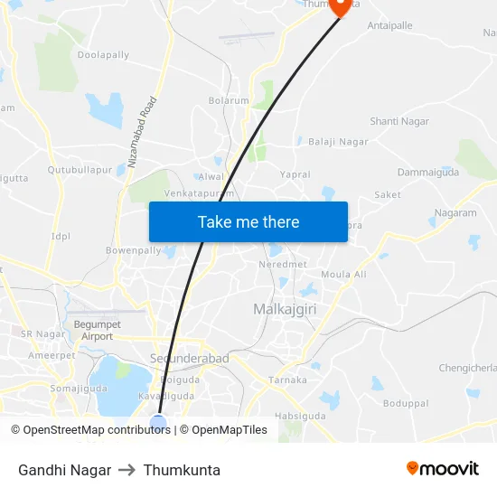 Gandhi Nagar to Thumkunta map