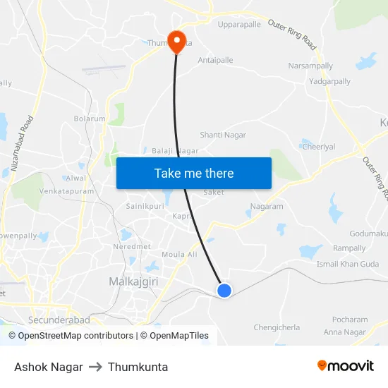 Ashok Nagar to Thumkunta map