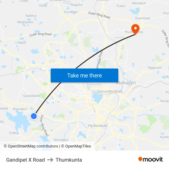 Gandipet X Road to Thumkunta map