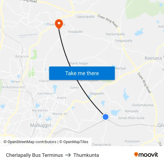 Cherlapally Bus Terminus to Thumkunta map