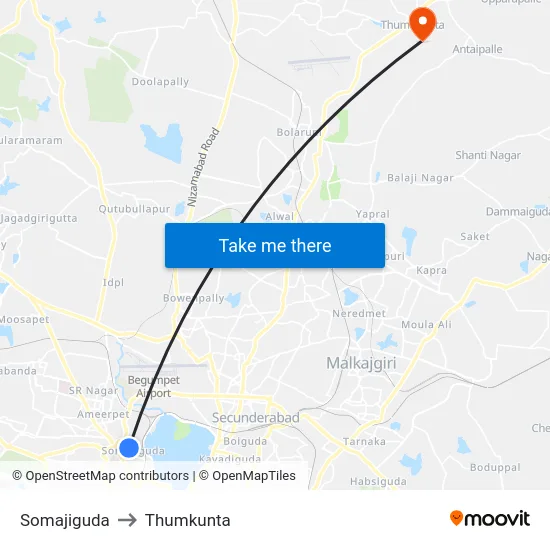 Somajiguda to Thumkunta map