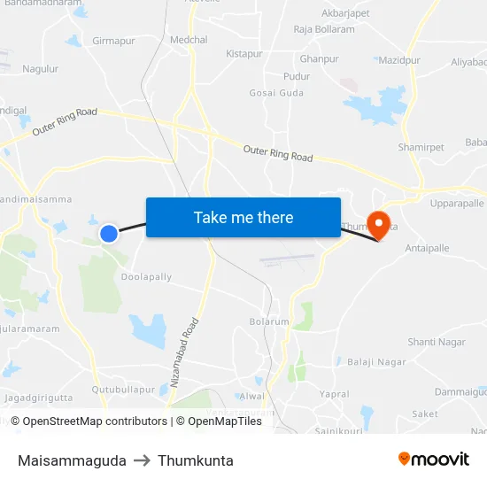 Maisammaguda to Thumkunta map