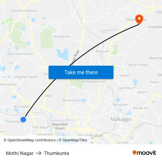 Mothi Nagar to Thumkunta map