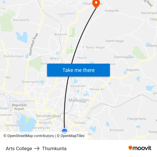 Arts College to Thumkunta map