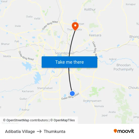 Adibatla Village to Thumkunta map