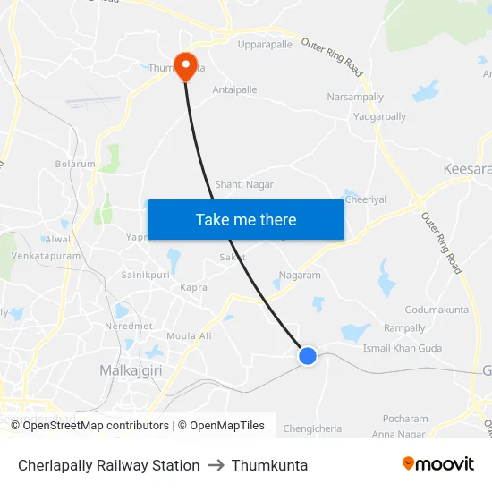 Cherlapally Railway Station to Thumkunta map
