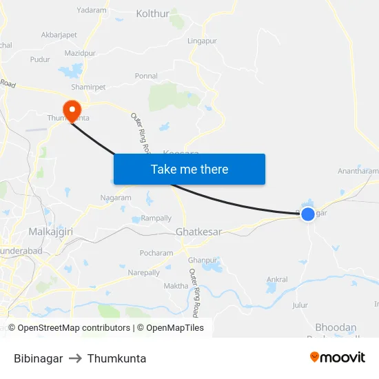Bibinagar to Thumkunta map