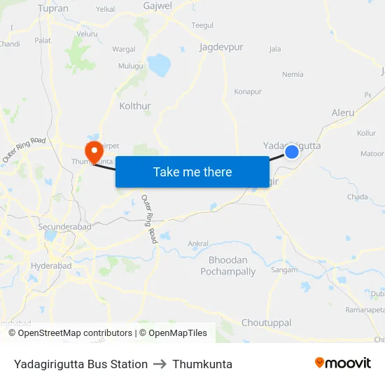 Yadagirigutta Bus Station to Thumkunta map