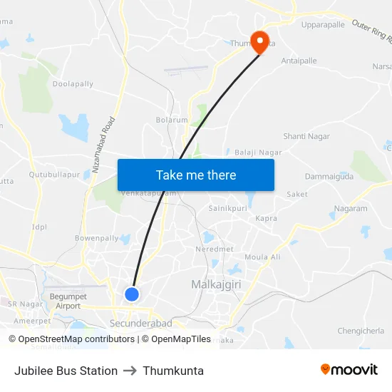 Jubilee Bus Station to Thumkunta map