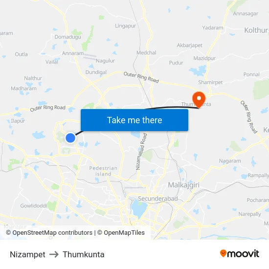 Nizampet to Thumkunta map