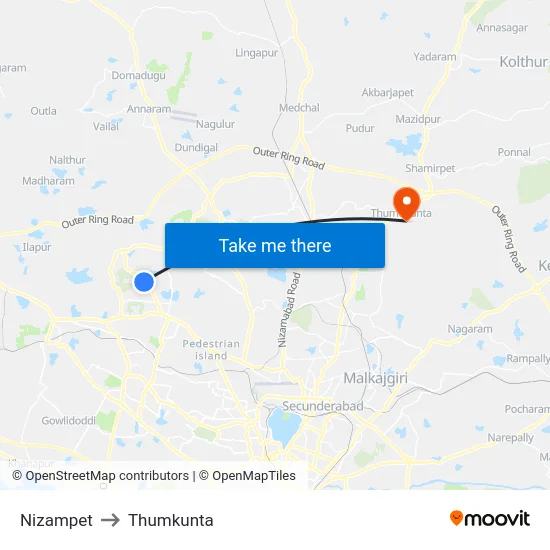 Nizampet to Thumkunta map