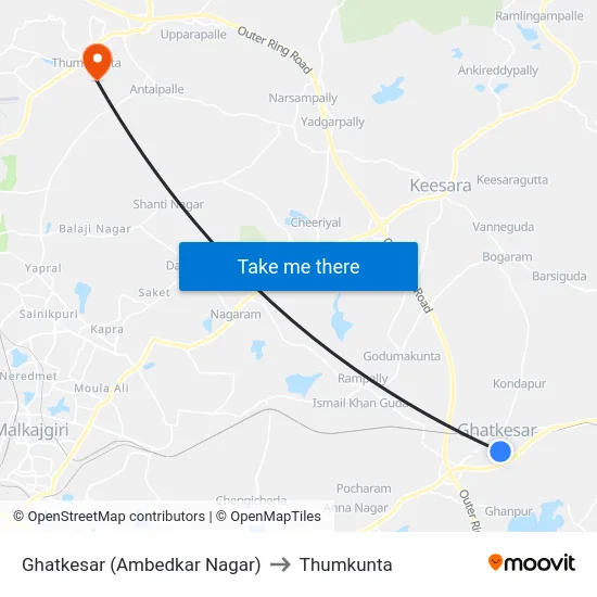 Ghatkesar (Ambedkar Nagar) to Thumkunta map