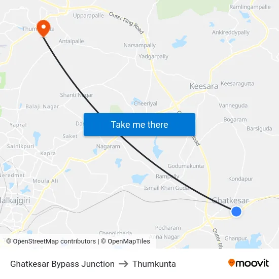 Ghatkesar Bypass Junction to Thumkunta map