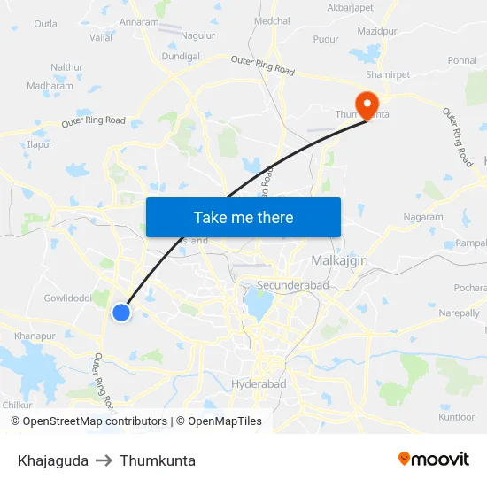 Khajaguda to Thumkunta map