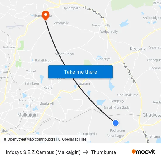 Infosys S.E.Z.Campus (Malkajgiri) to Thumkunta map