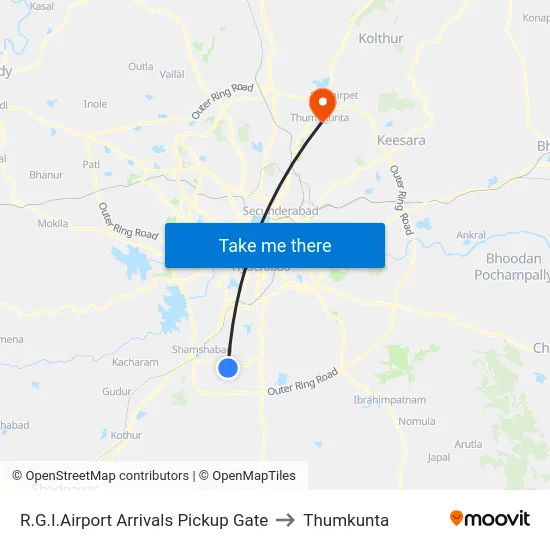 R.G.I.Airport Arrivals Pickup Gate to Thumkunta map