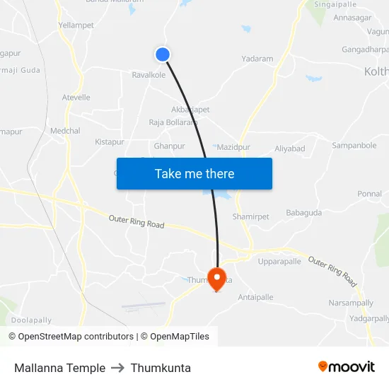 Mallanna Temple to Thumkunta map