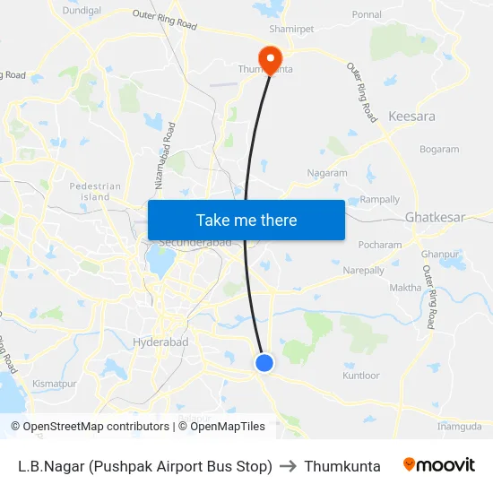 L.B.Nagar (Pushpak Airport Bus Stop) to Thumkunta map