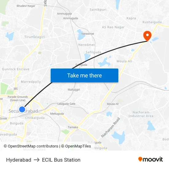 हैदराबाद to ईसीआईएल बस स्टेशन map