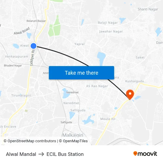 Alwal Mandal to ECIL Bus Station map