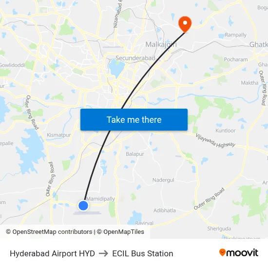 Hyderabad Airport HYD to ECIL Bus Station map