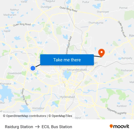 Raidurg Station to ECIL Bus Station map