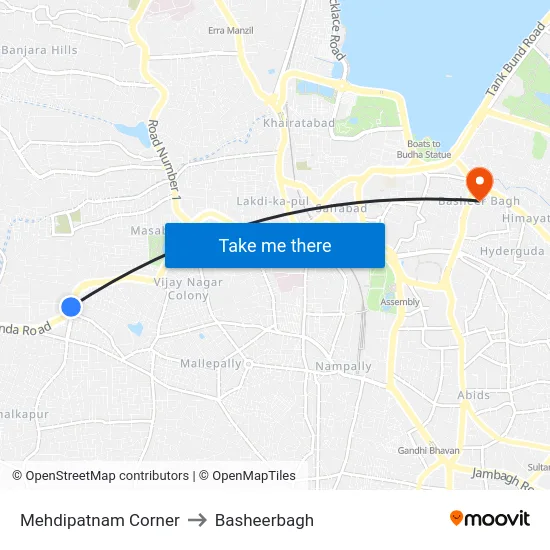 Mehdipatnam Corner to Basheerbagh map