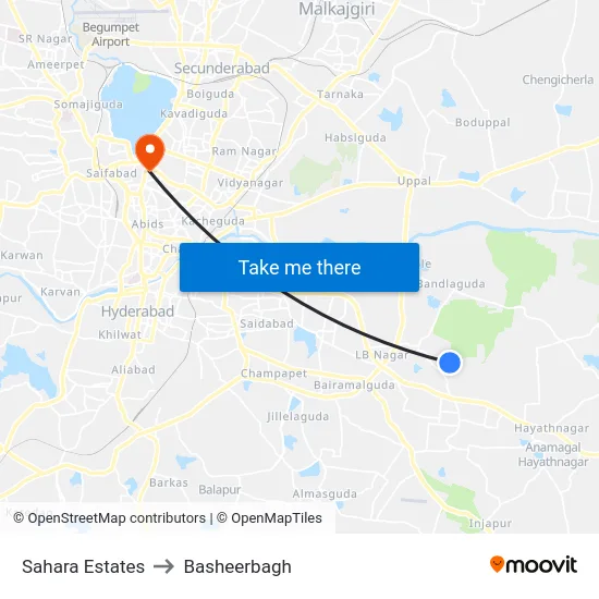 Sahara Estates to Basheerbagh map