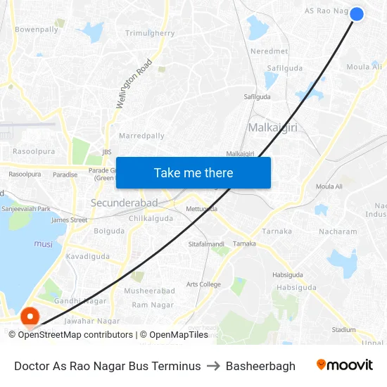 Doctor As Rao Nagar Bus Terminus to Basheerbagh map