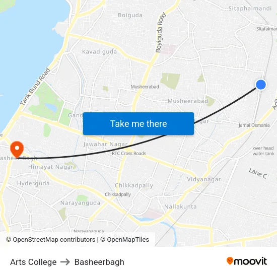 Arts College to Basheerbagh map