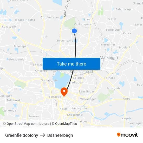 Greenfieldcolony to Basheerbagh map
