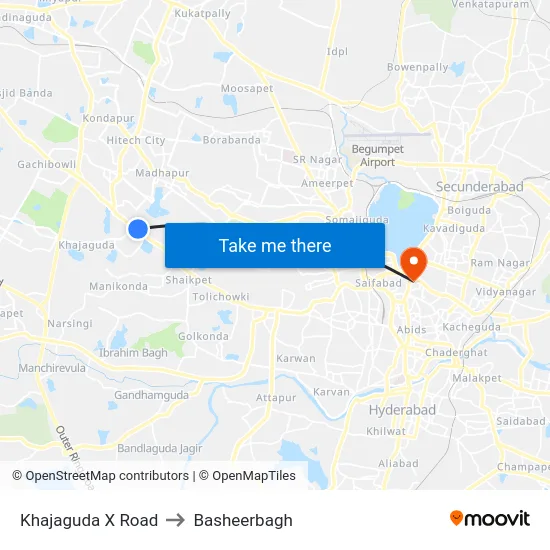 Khajaguda X Road to Basheerbagh map