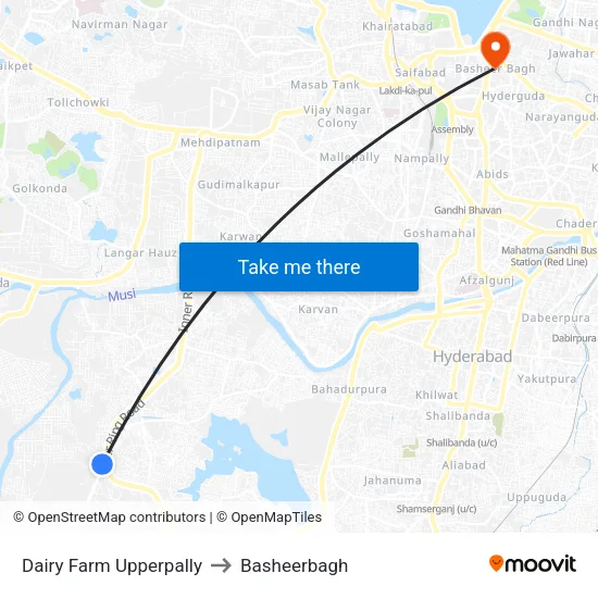 Dairy Farm Upperpally to Basheerbagh map