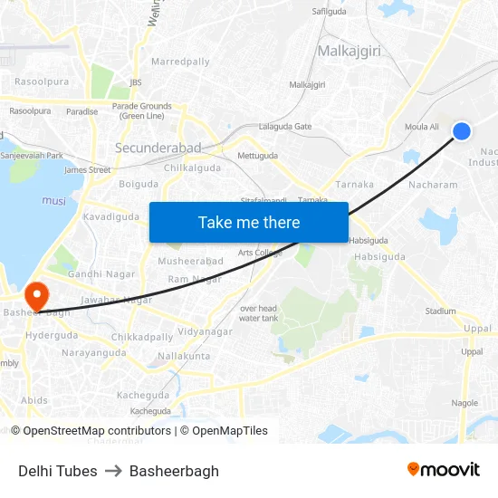 Delhi Tubes to Basheerbagh map
