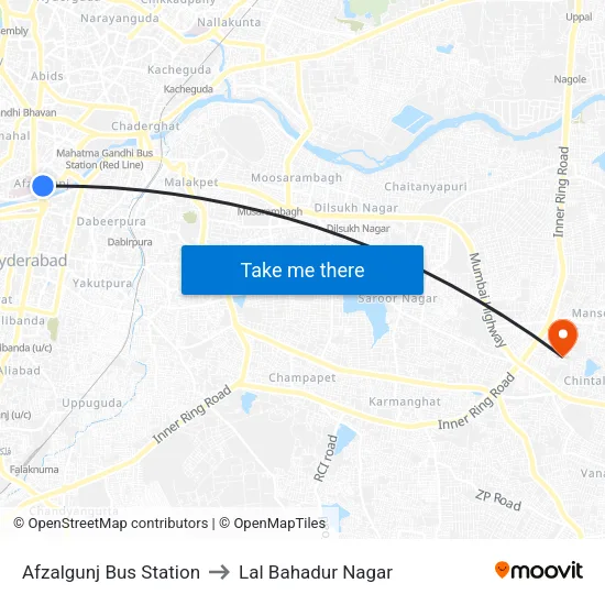 Afzalgunj Bus Station to Lal Bahadur Nagar map