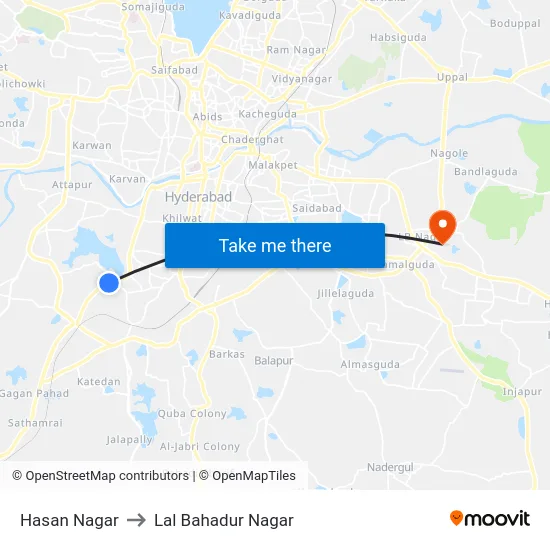 Hasan Nagar to Lal Bahadur Nagar map