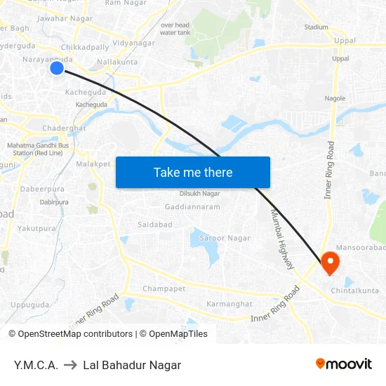 Y.M.C.A. to Lal Bahadur Nagar map