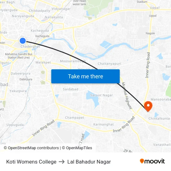 Koti Womens College to Lal Bahadur Nagar map