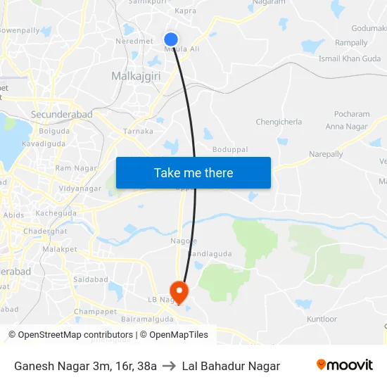 Ganesh Nagar 3m, 16r, 38a to Lal Bahadur Nagar map