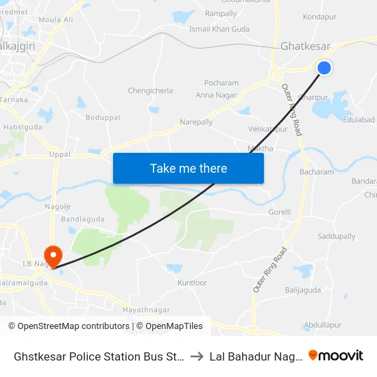 Ghstkesar Police Station Bus Stop to Lal Bahadur Nagar map