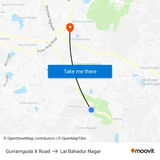 Gurramguda X Road to Lal Bahadur Nagar map