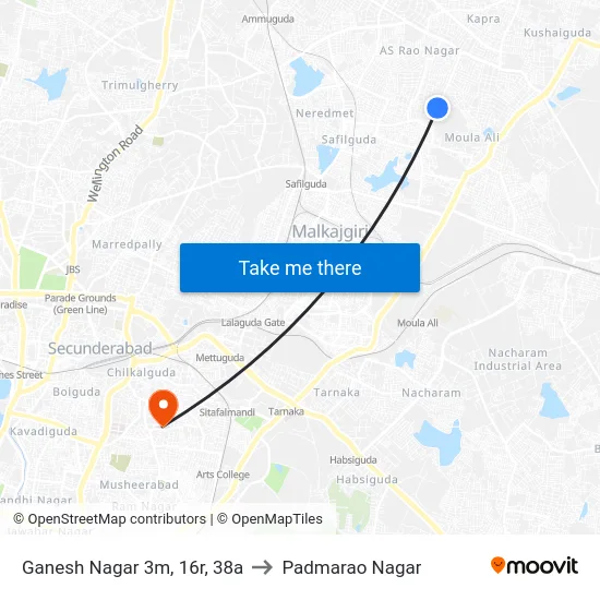Ganesh Nagar 3m, 16r, 38a to Padmarao Nagar map